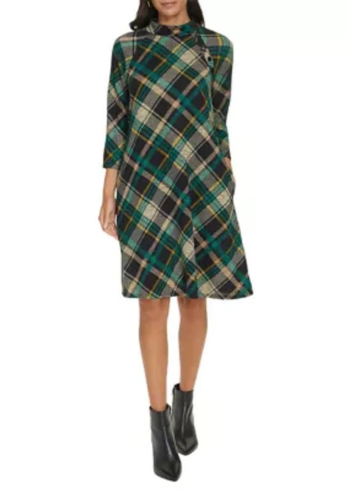 Women's 3/4 Sleeve Plaid Print A-Line Dress