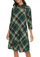 Women's 3/4 Sleeve Plaid Print A-Line Dress