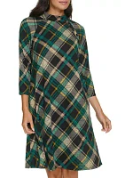 Women's 3/4 Sleeve Plaid Print A-Line Dress