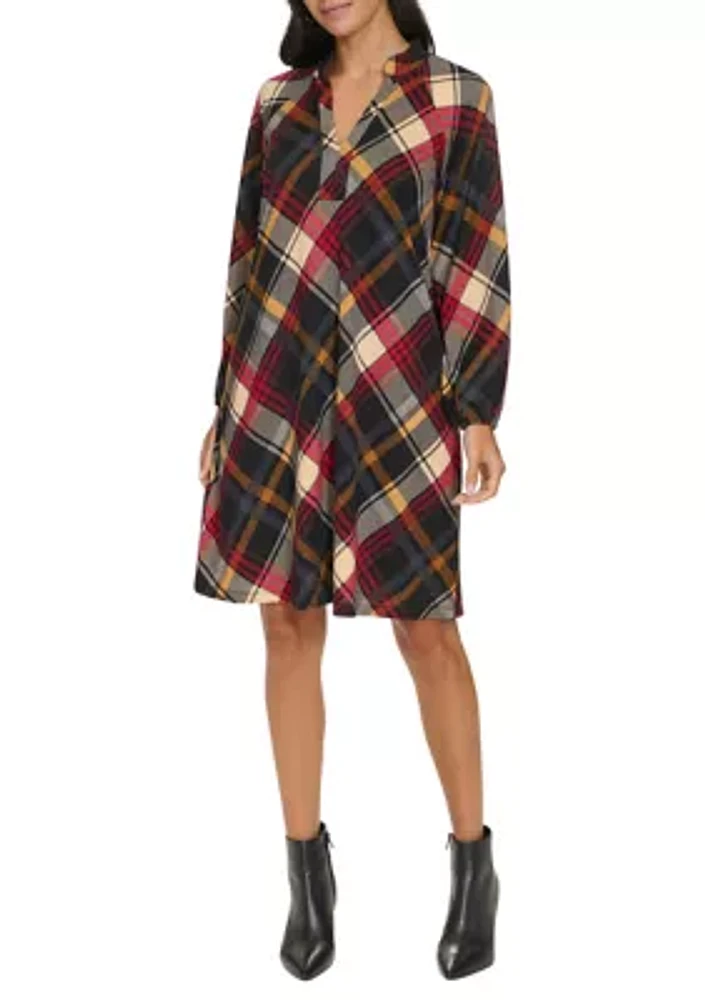 Women's Long Puff Sleeve V-Neck Plaid Print A-Line Dress