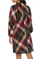 Women's Long Puff Sleeve V-Neck Plaid Print A-Line Dress