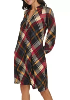 Women's Long Puff Sleeve V-Neck Plaid Print A-Line Dress