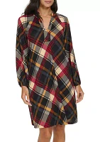 Women's Long Puff Sleeve V-Neck Plaid Print A-Line Dress