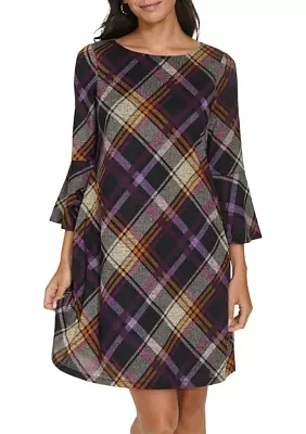 Women's 3/4 Bell Sleeve Wide Neck Plaid A-Line Dress