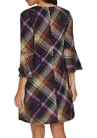 Women's 3/4 Bell Sleeve Wide Neck Plaid A-Line Dress