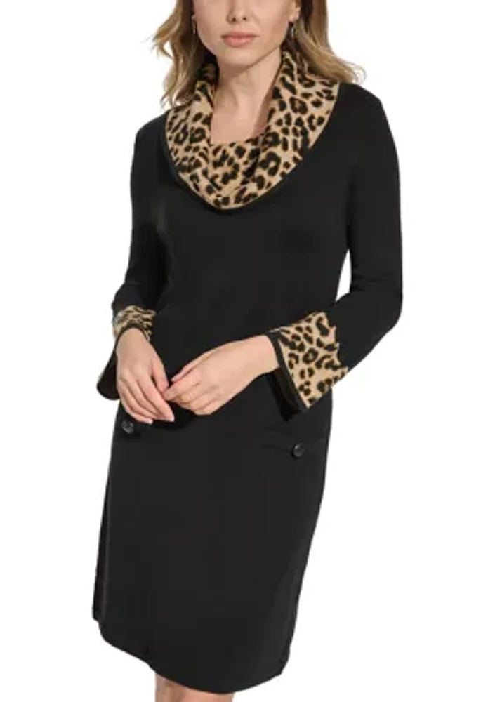 Women's 3/4 Sleeve Cowl Neck Animal Print A-Line Dress