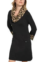 Women's 3/4 Sleeve Cowl Neck Animal Print A-Line Dress