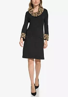 Women's 3/4 Sleeve Cowl Neck Animal Print A-Line Dress