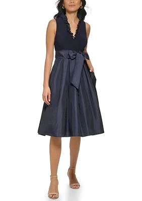 Women's Sleeveless Ruffle V-Neck Solid Fit and Flare Bow Side Tie Dress