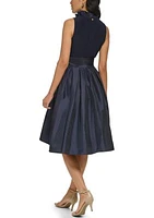 Women's Sleeveless Ruffle V-Neck Solid Fit and Flare Bow Side Tie Dress