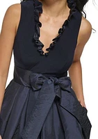 Women's Sleeveless Ruffle V-Neck Solid Fit and Flare Bow Side Tie Dress