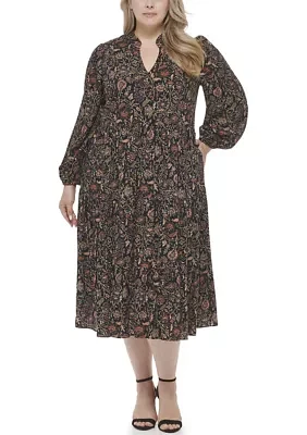 Plus V-Neck Floral Printed A-Line Dress