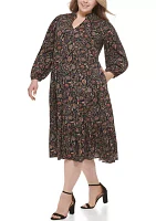 Plus V-Neck Floral Printed A-Line Dress