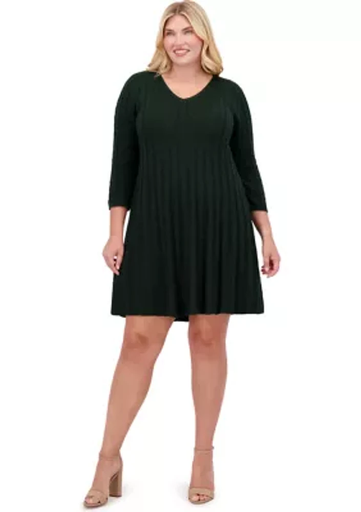 Plus 3/4 Sleeve V-Neck Solid Knit Sweater A-Line Dress