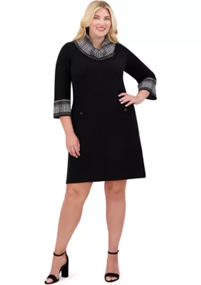 Plus 3/4 Sleeve V-Neck Solid Knit Sweater A-Line Dress