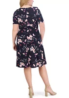 Plus Elbow Sleeve Boat Neck Floral Fit and Flare Dress