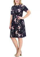 Plus Elbow Sleeve Boat Neck Floral Fit and Flare Dress