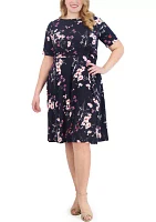 Plus Elbow Sleeve Boat Neck Floral Fit and Flare Dress