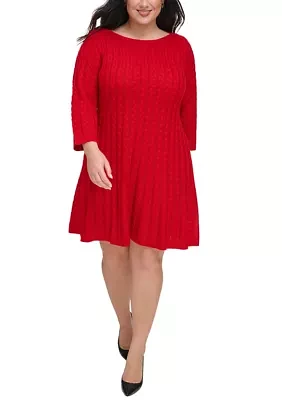 Plus 3/4 Sleeve Solid Knit A-Line Sweater Dress