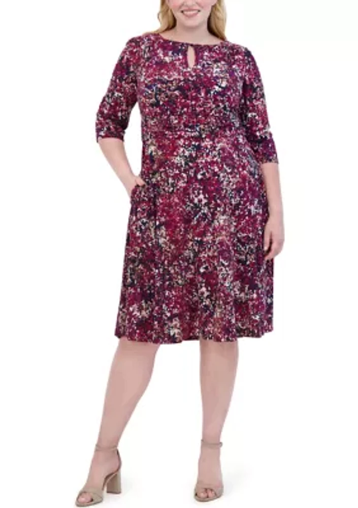 Plus Ruched Sleeve Printed Keyhole Dress