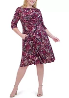 Plus Ruched Sleeve Printed Keyhole Dress