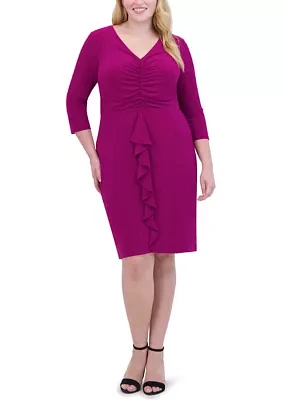 Plus V-Neck Solid Ruched Ruffle Detail Sheath Dress