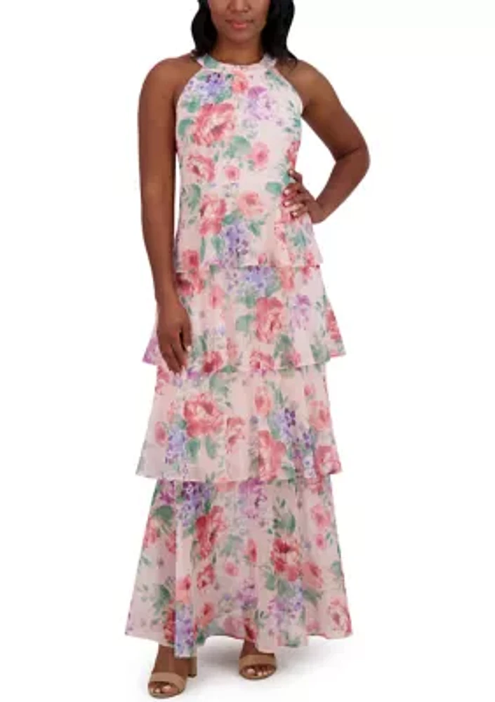 Women's Sleeveless Halter Neck Tiered Floral Printed Maxi Dress