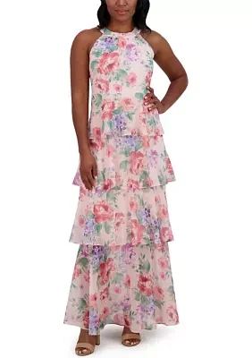 Women's Sleeveless Halter Neck Tiered Floral Printed Maxi Dress