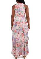 Women's Sleeveless Halter Neck Tiered Floral Printed Maxi Dress