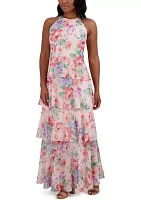 Women's Sleeveless Halter Neck Tiered Floral Printed Maxi Dress