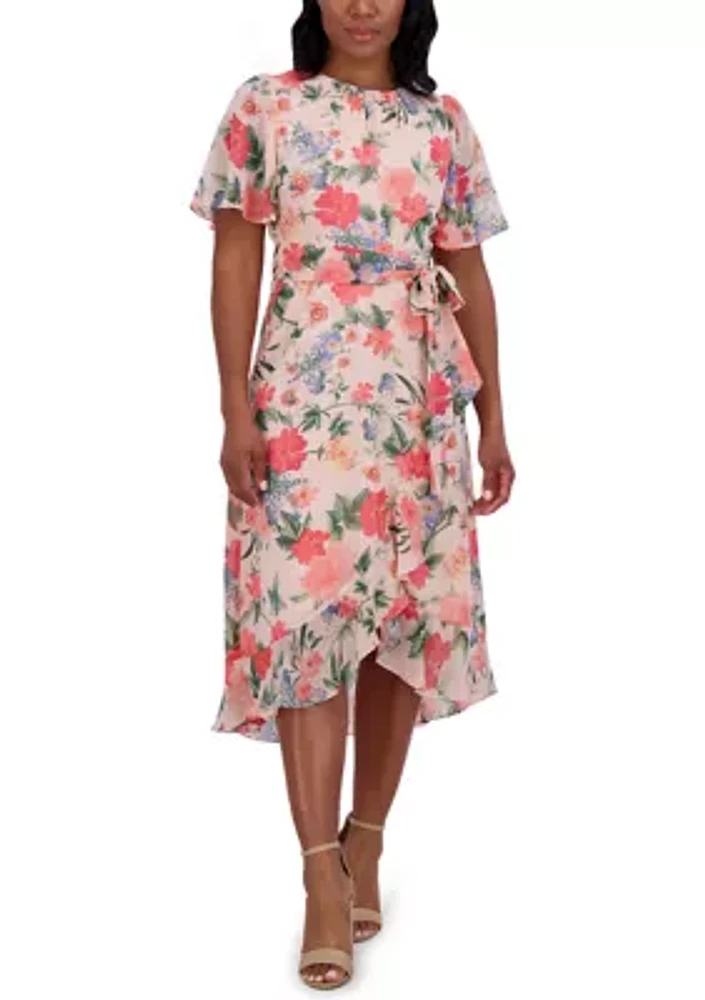 Women's Short Flutter Sleeve Floral Printed Dress