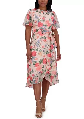 Women's Short Flutter Sleeve Floral Printed Dress