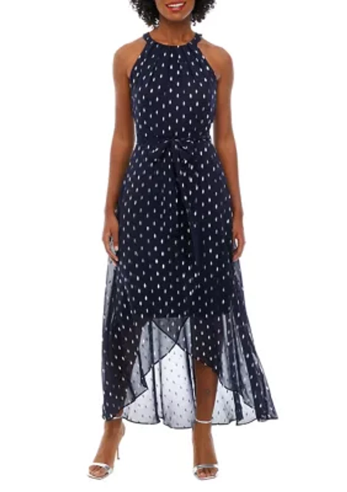 Women's Sleeveless Halter Foil Dot Print Chiffon Dress