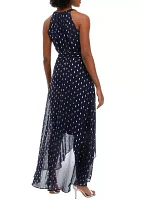 Women's Sleeveless Halter Foil Dot Print Chiffon Dress