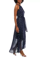 Women's Sleeveless Halter Foil Dot Print Chiffon Dress