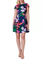 Women's Short Sleeve Crew Neck Floral Print Scuba Fit and Flare Dress