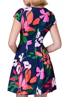 Women's Short Sleeve Crew Neck Floral Print Scuba Fit and Flare Dress