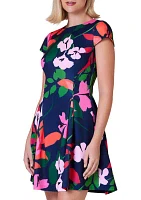 Women's Short Sleeve Crew Neck Floral Print Scuba Fit and Flare Dress