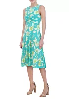 Women's Sleeveless Crew Neck Twist Floral Print Fit and Flare Dress