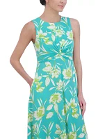 Women's Sleeveless Crew Neck Twist Floral Print Fit and Flare Dress