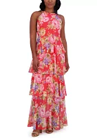 Women's Sleeveless Halter Neck Floral Print Ruffle Gown