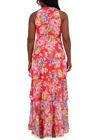 Women's Sleeveless Halter Neck Floral Print Ruffle Gown