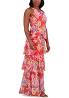 Women's Sleeveless Halter Neck Floral Print Ruffle Gown