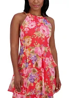 Women's Sleeveless Halter Neck Floral Print Ruffle Gown