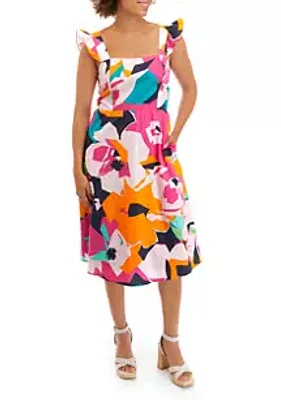 52seven Women's Flutter Sleeve Abstract Floral Print Cotton Tiered Midi Dress