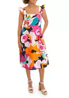 52seven Women's Flutter Sleeve Abstract Floral Print Cotton Tiered Midi Dress