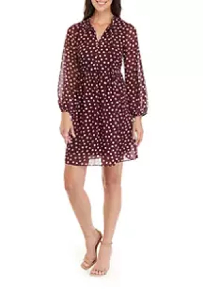 52seven Women's Long Sleeve V-Neck Chiffon Dot Print Dress