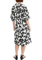 Women's Elbow Sleeve Tie Waist Floral Print Cotton Fit and Flare Dress