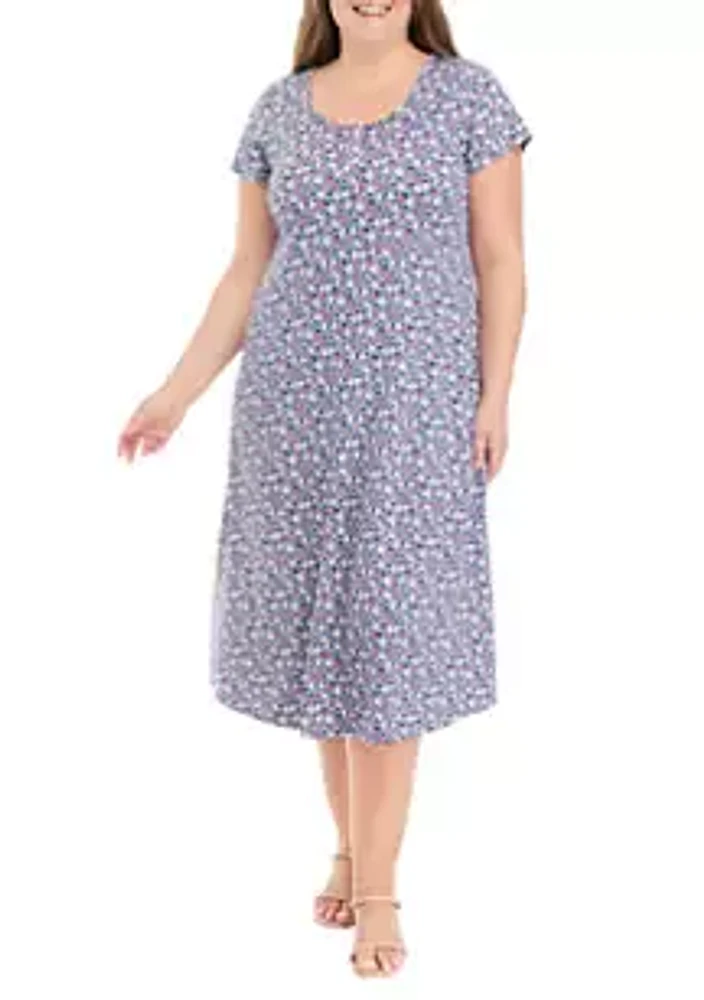 Studio 1 Plus Short Sleeve Scoop Neck Ditsy Floral Midi Dress