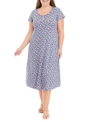 Plus Short Sleeve Scoop Neck Ditsy Floral Midi Dress